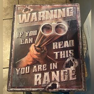 Vintage Style Metal Warning Sign - Double Barrel Shotgun Design - Brown/Beige
